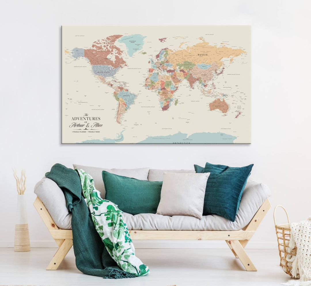 Custom World Map Wall Art Canvas Print - Personalized World Map Wall Art, Customize Wall Art Map Print