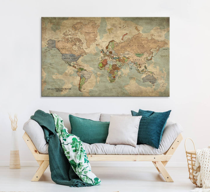 A Personalized World Map Canvas Print in vintage style enhances the setting with its artistic charm.