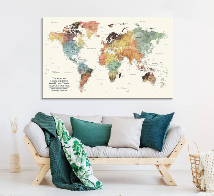 A colorful Personalized World Map Canvas Print, ideal as wall art for living room or office.