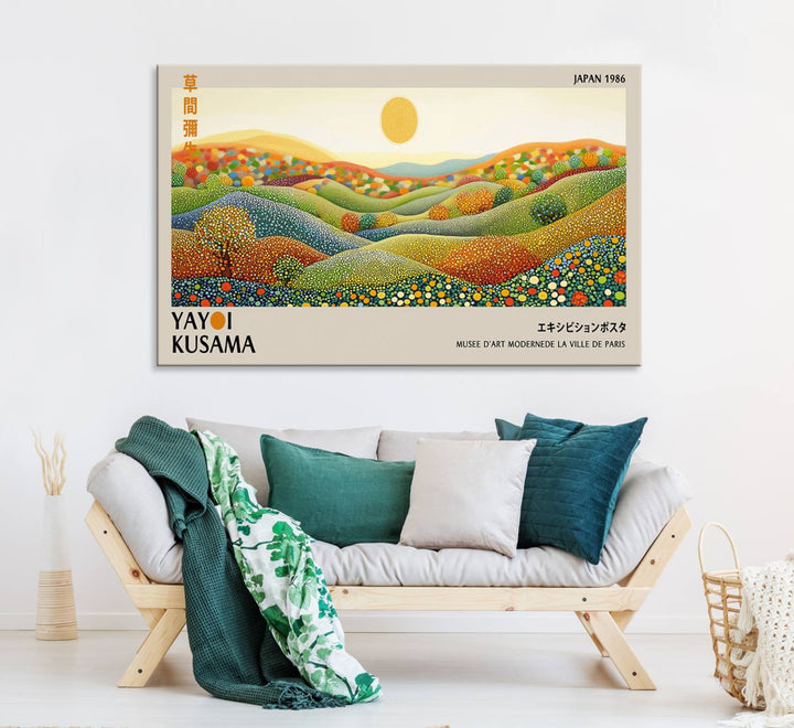 The Yayoi Kusama Wabi Sabi Japanese Wall Art Print features a vibrant landscape with dots, sun, and mountains.