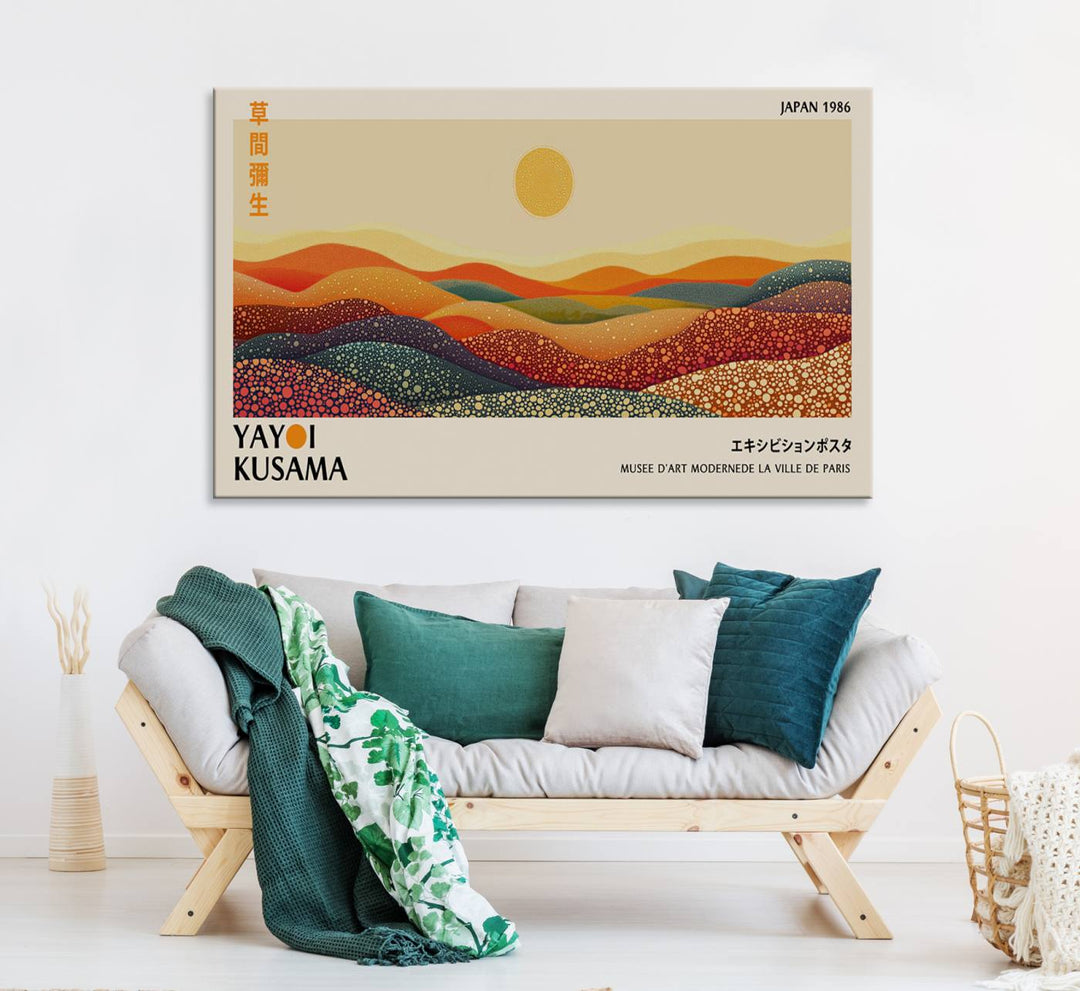 A Yayoi Kusama Wabi Sabi Japanese Wall Art Print features a vibrant, abstract landscape on canvas.