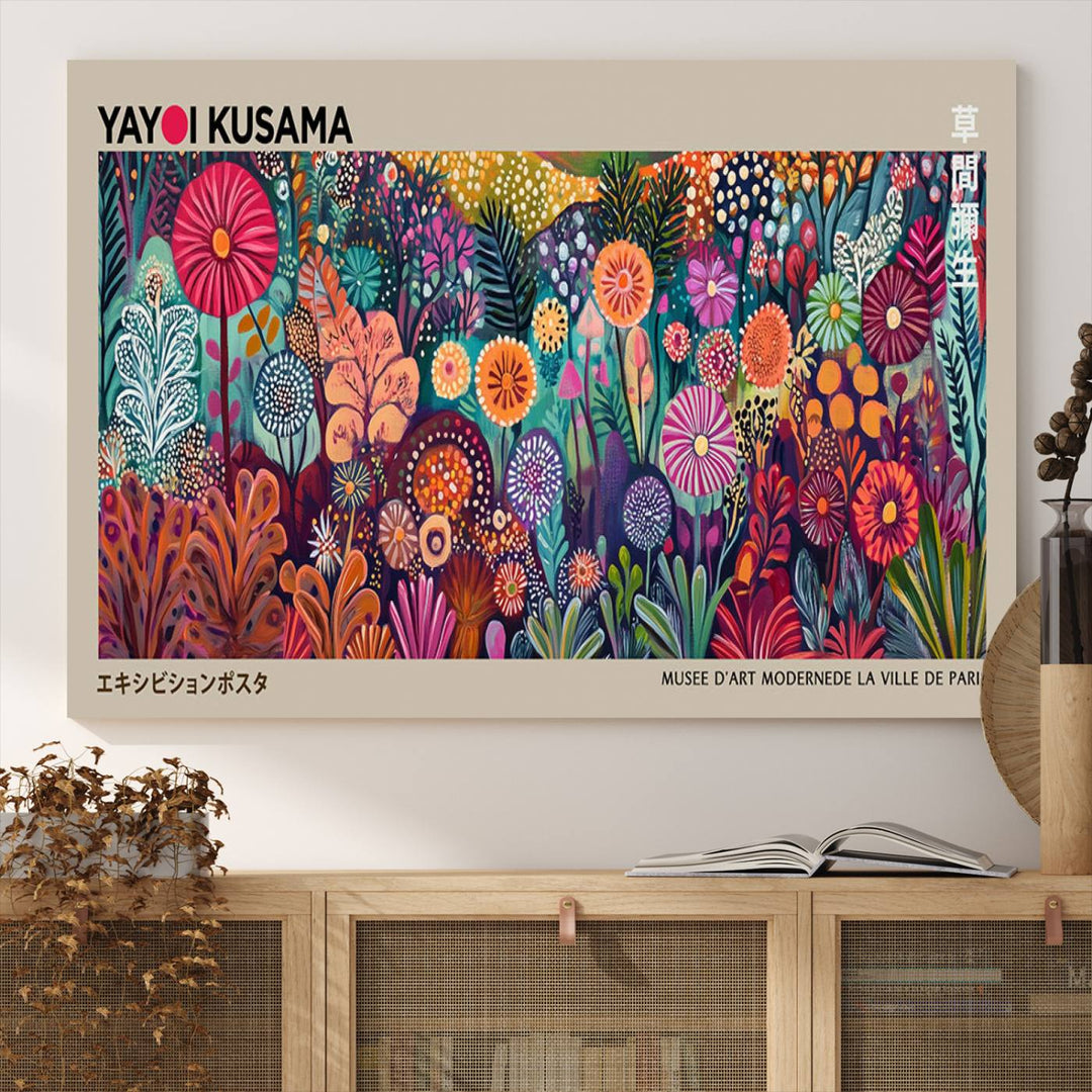 A framed "Yayoi Kusama Wall Art Canvas Print" showcases an abstract floral design, reflecting Japanese aesthetics.