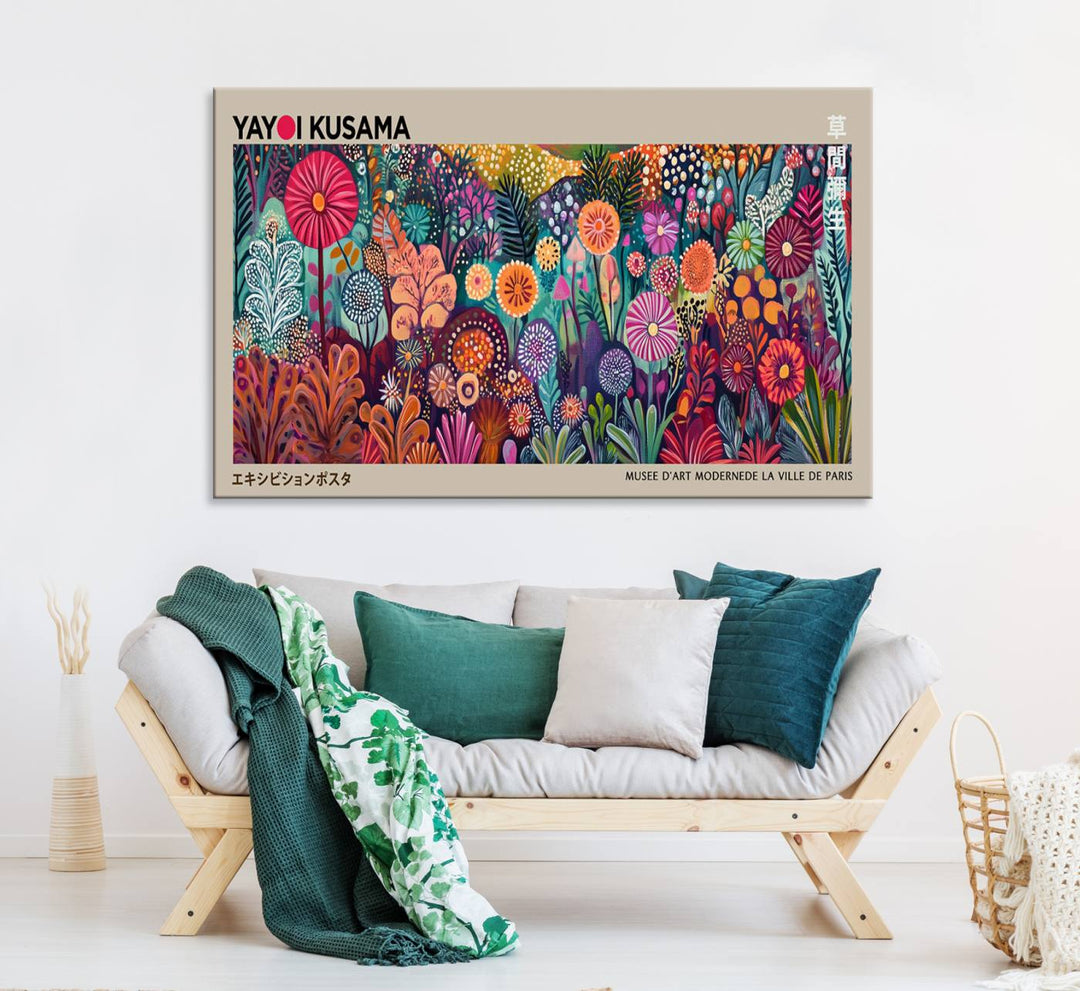 A vibrant Yayoi Kusama Wall Art Canvas Print is held on a porch.