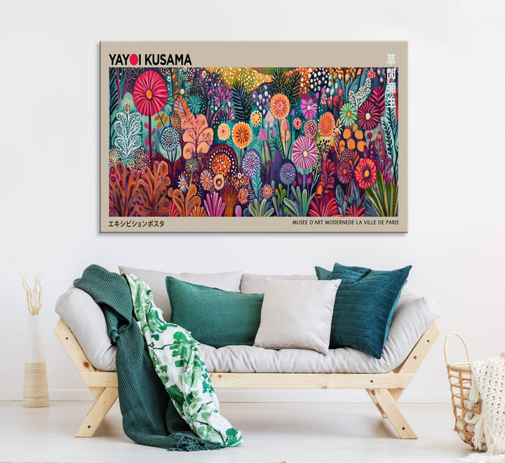 A vibrant Yayoi Kusama Wall Art Canvas Print is held on a porch.