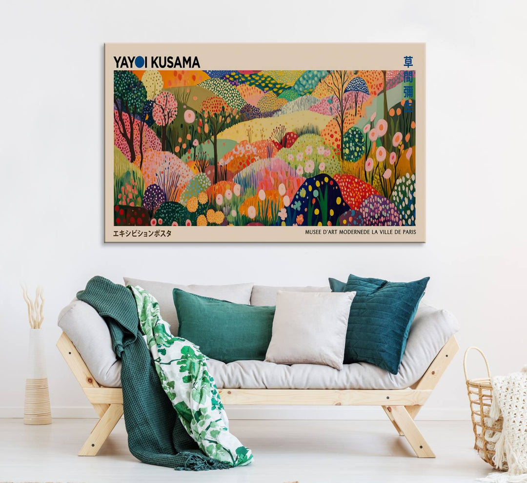 A Yayoi Kusama Wall Art Canvas Print featuring vibrant abstract floral patterns is displayed in a tranquil forest setting.