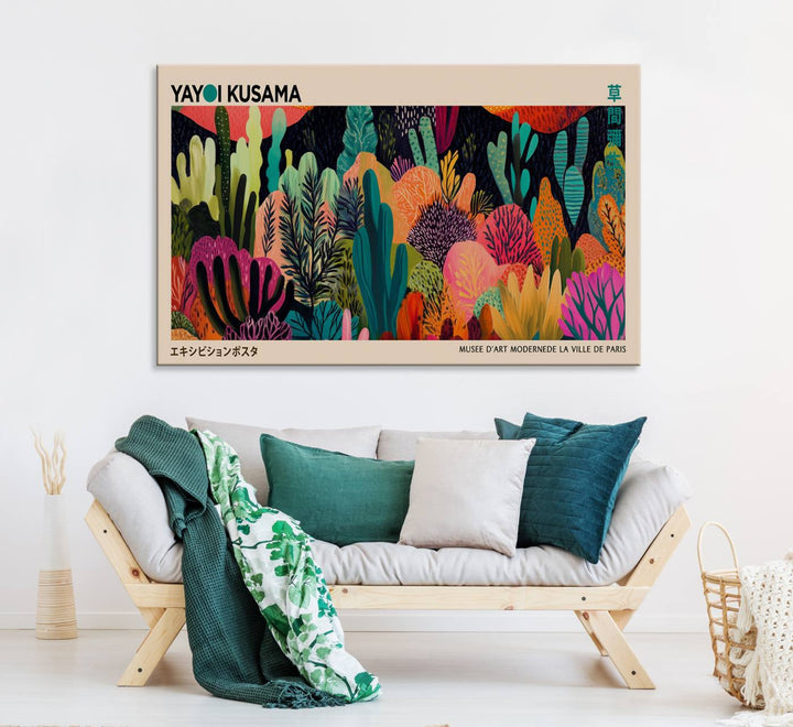 A vibrant Yayoi Kusama Wall Art Canvas Print showcases intricate abstract flora on a light background.