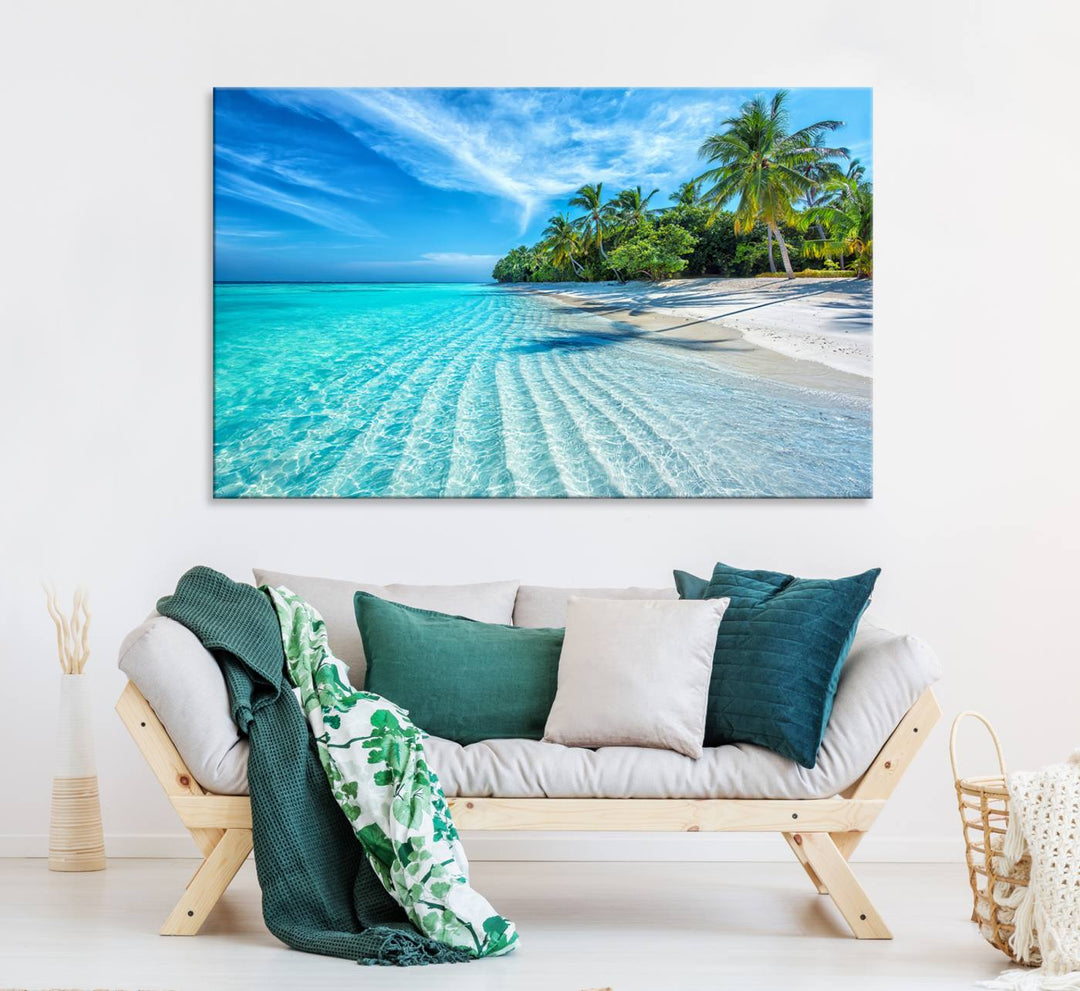 The Tropical Beach Wall Art Canvas Print features turquoise water and palm trees.