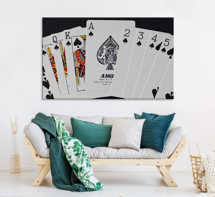 The oversized Poker Wall Art features the Ace of Spades and is displayed on a porch.