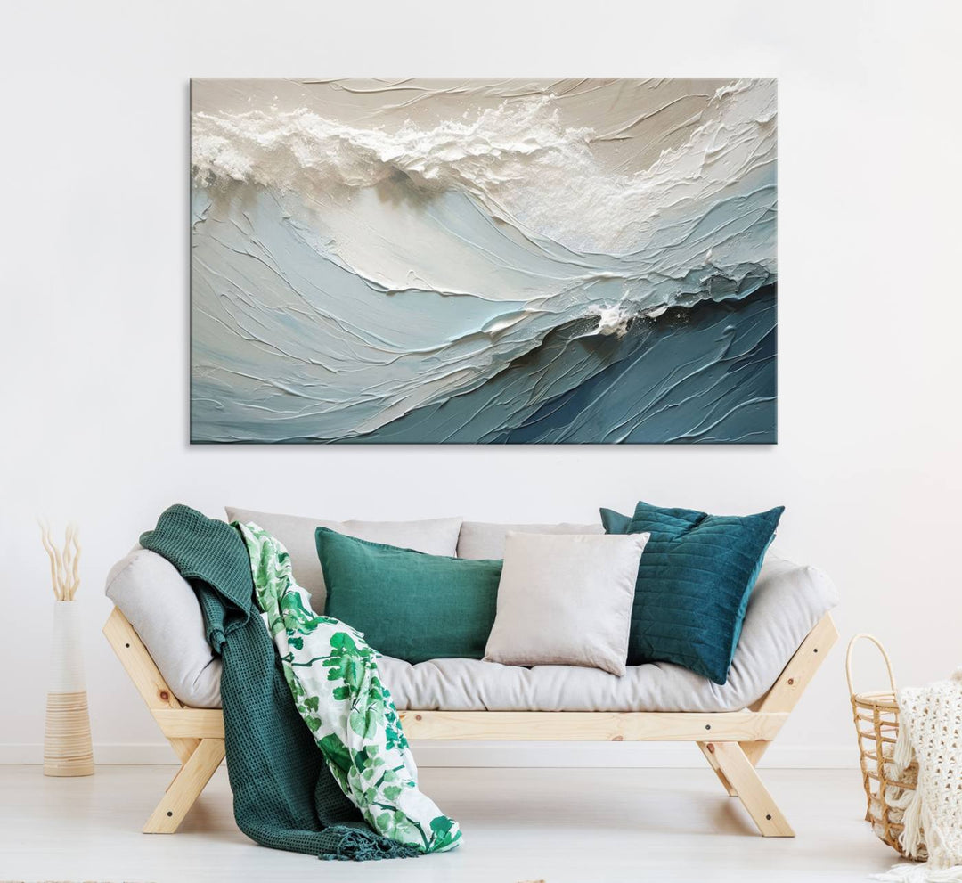 Waves Abstract Wall Art Print displayed on a porch with white siding.