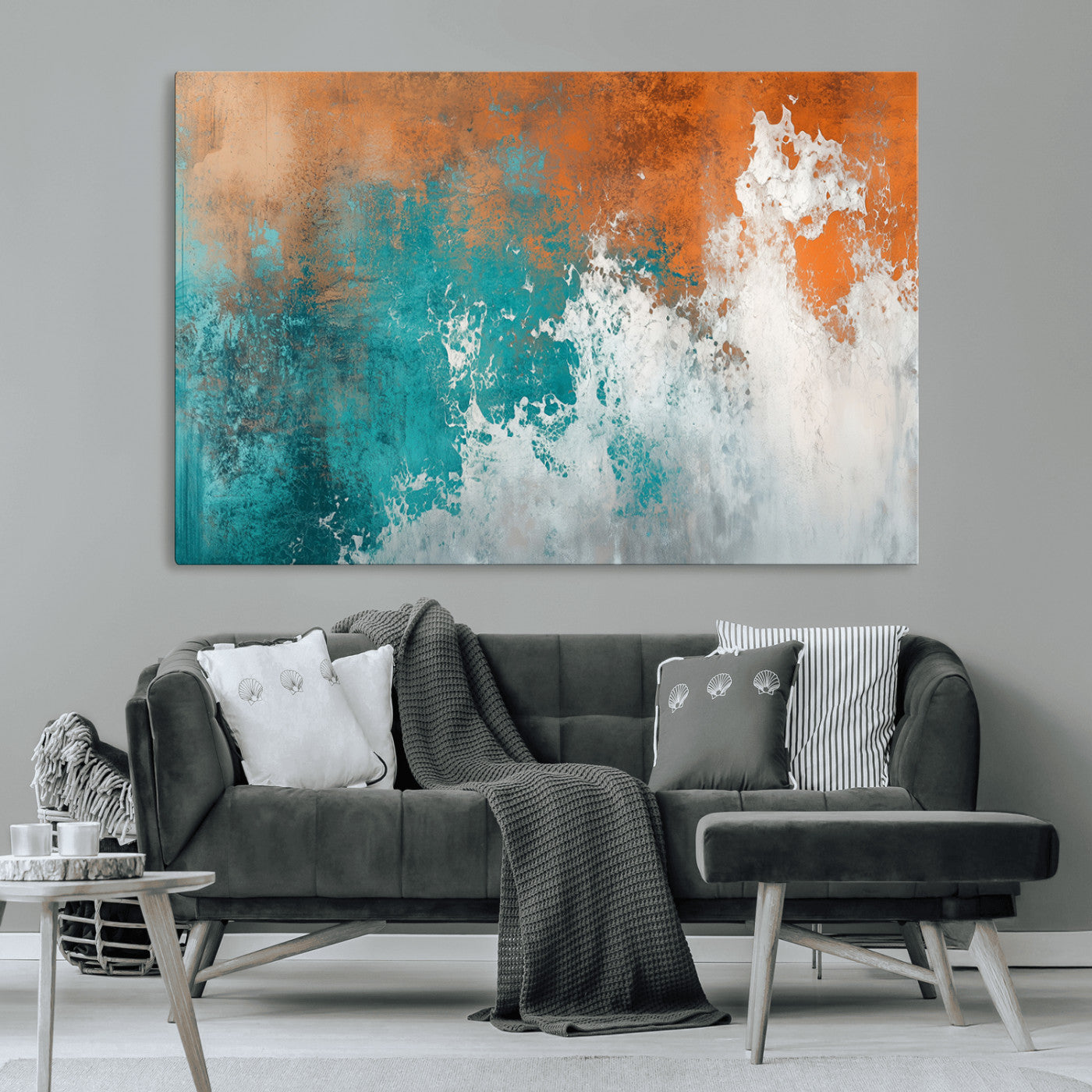 MGV-CV-36X24 - Vintage Abstract Print - Bold Teal and Orange Canvas Wall Art - Retro-Vintage Abstract Orange Canvas