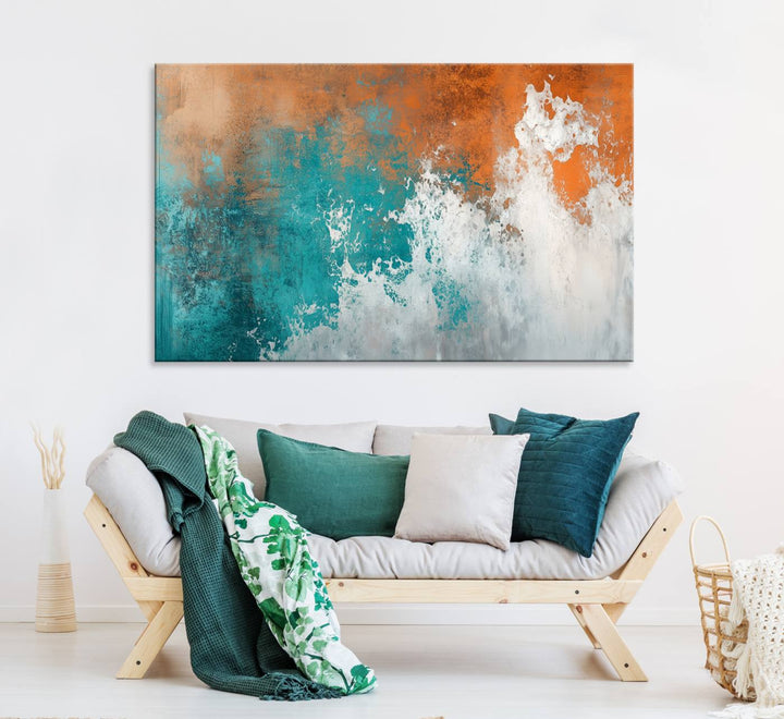 Vintage Abstract Print - Bold Teal and Orange Canvas Wall Art - Retro-Vintage Abstract Orange Canvas for Modern Decor