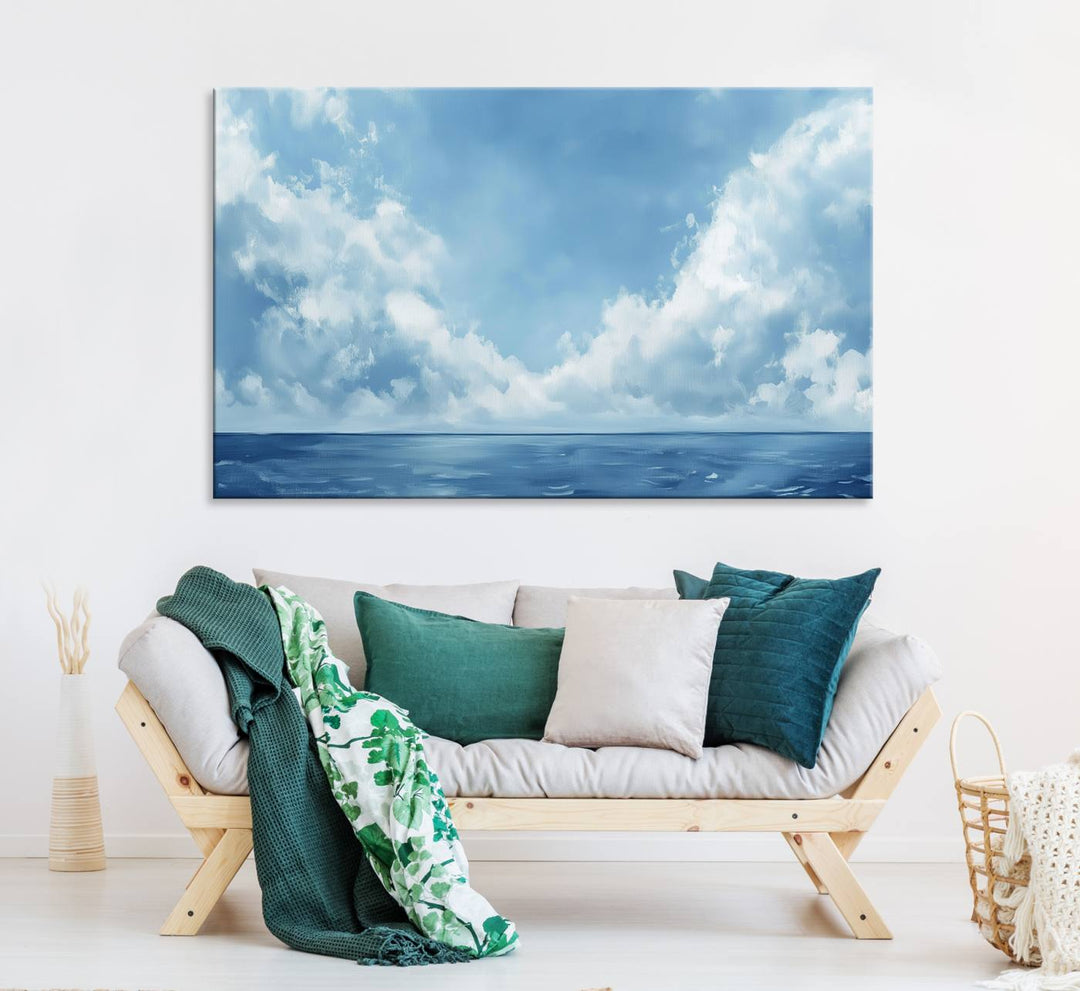 Abstract Ocean Print - Serene Blue Canvas displayed on a porch featuring minimalist decor.