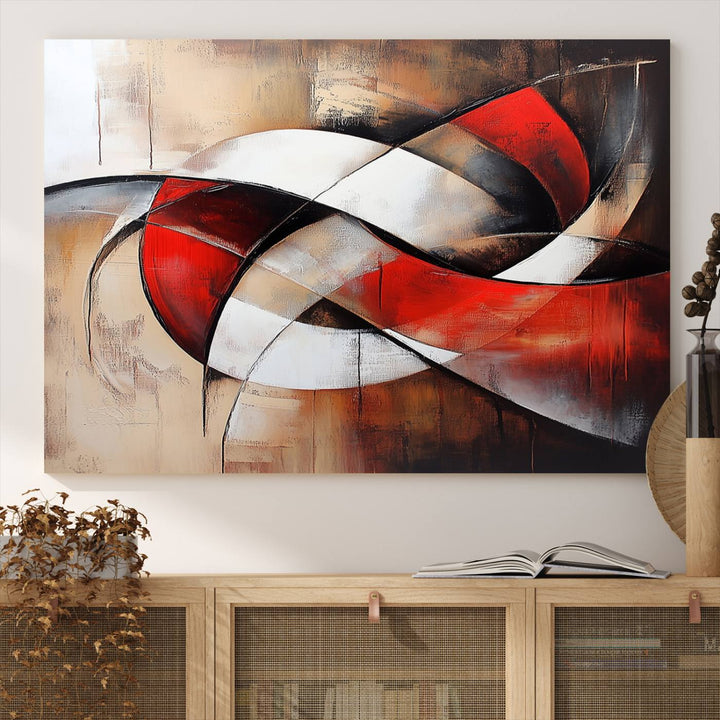 In a contemporary living room, the sunlight casts artistic shadows and highlights an abstract triptych wall art featuring bold red and white geometric shapes.