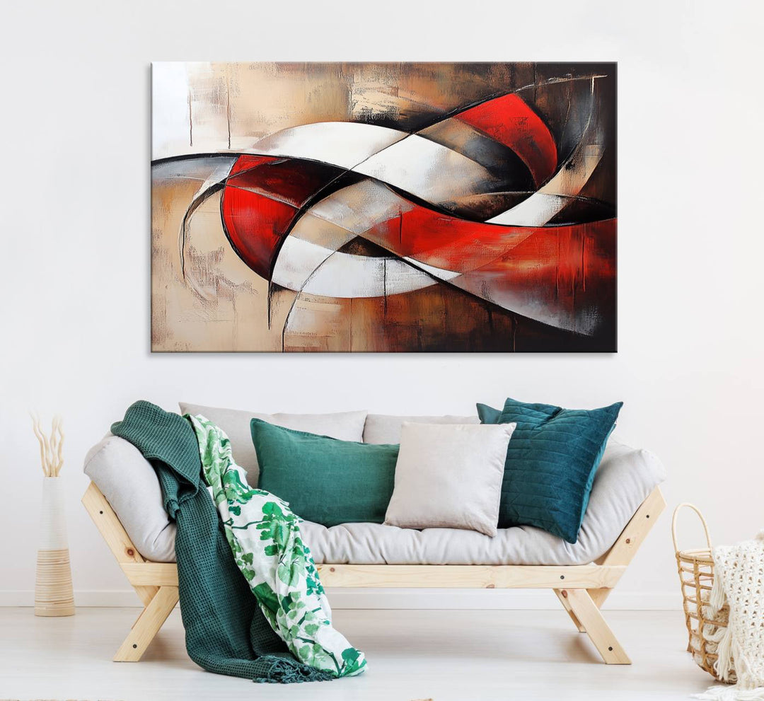 The Abstract Wall Art - Modern Red and White Canvas is displayed prominently in front of an entrance.