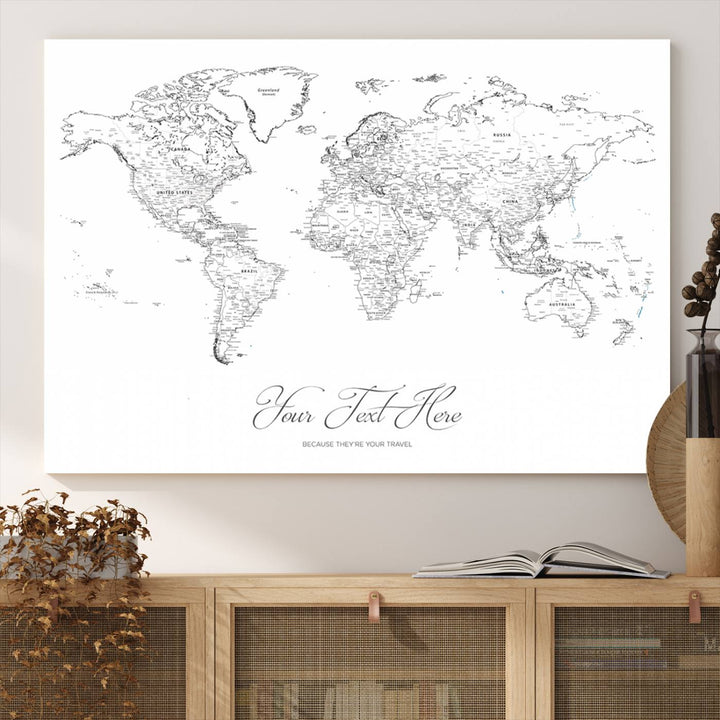 A large Framed Push Pin Mini World Travel Map Wall Art Print features customizable text and is designed as a premium cork pin board canvas with labeled countries for a gallery-quality finish.