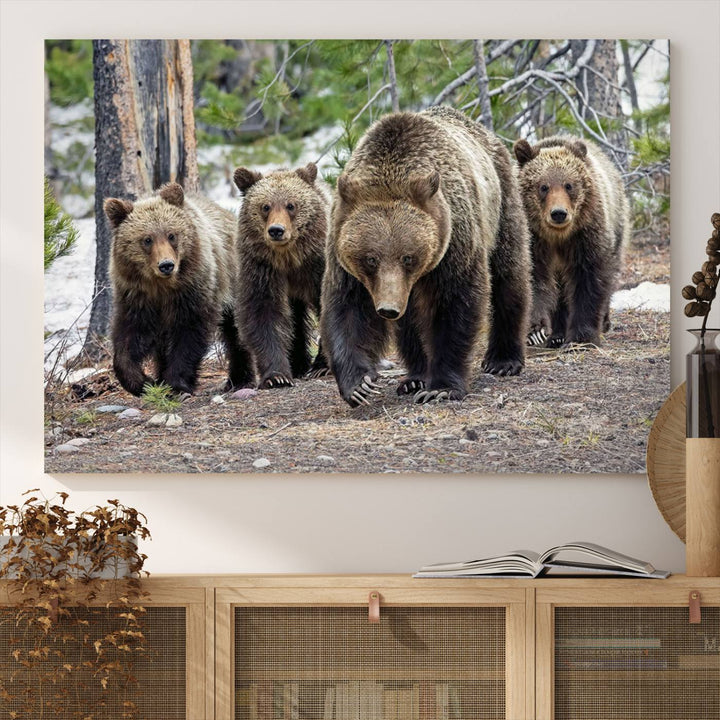 The wall art, a breathtaking canvas print titled "Queen of the Tetons," features 399 Grizzly Bear Cubs majestically captured in a forest setting. It is printed on premium canvas and handmade in the USA.