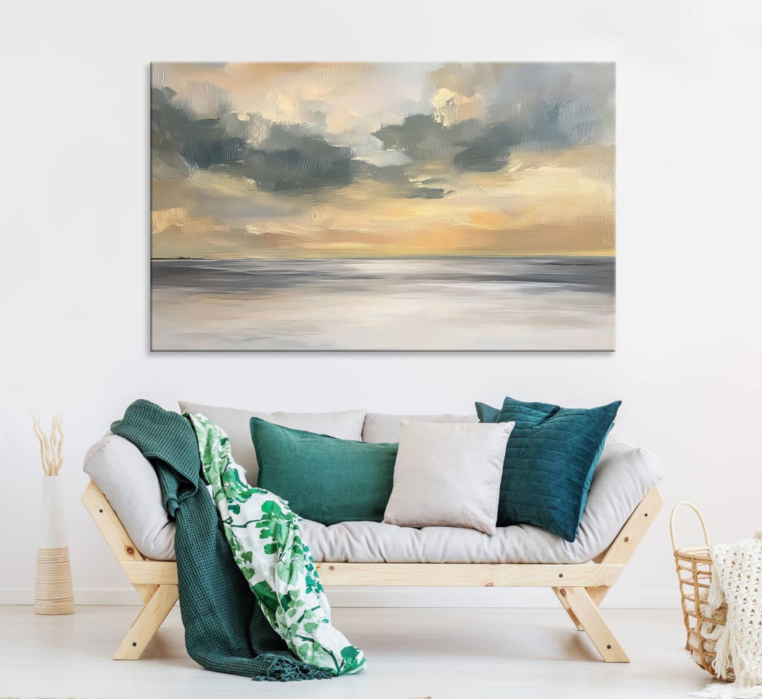 The Modern Coastal Wall Art Canvas Print features vibrant abstract ocean waves and clouds.