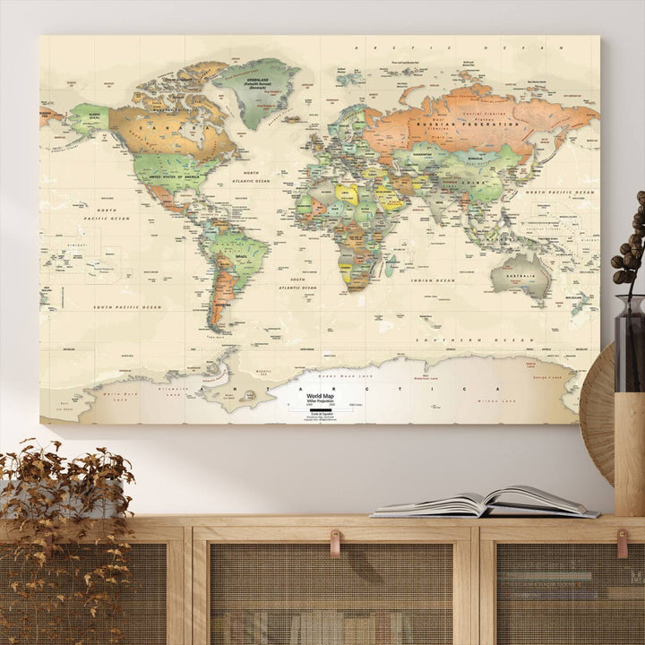 The Large Push Pin World Map Wall Art Canvas Print, with a gallery-quality finish, is carefully crafted on premium canvas and handmade in the USA. This piece adds a touch of elegance to any space.