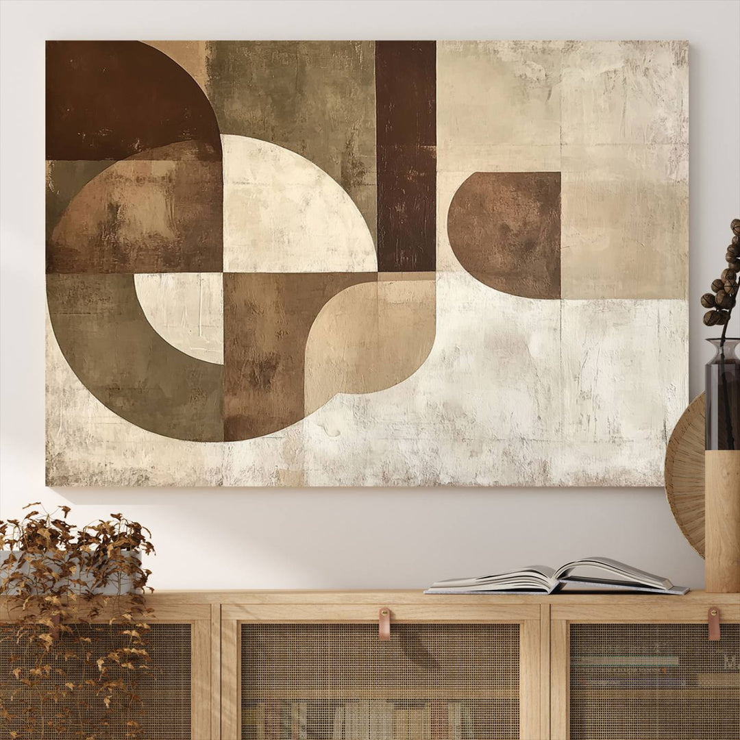 A Wabi Sabi Geometric Minimalist Wall Art Canvas Print—with a modern abstract geometric design in brown and beige tones—stands proudly in front of a house.