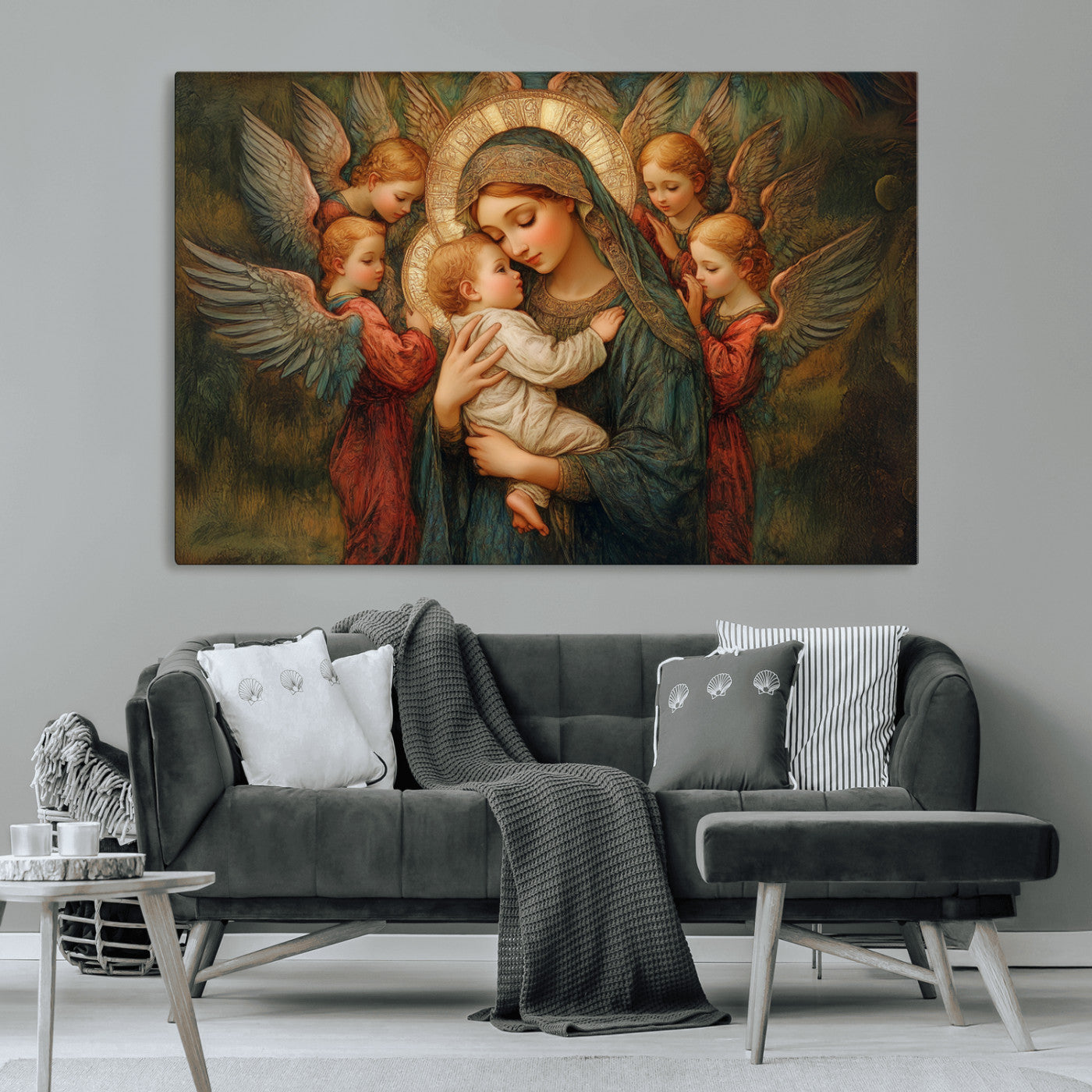 MGV-CV-36X24 - Mary Jesus Canvas Wall Art Print - Madonna and Child with Angels Art Print - Classic Christian