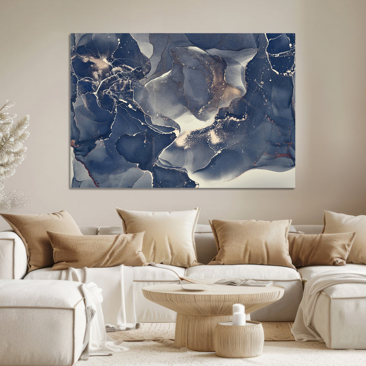 Large Abstract Blue and Gold Canvas Wall Art | Fluid Ink Artwork Print | Luxury Wall Decor for Contemporary Interiors | Framed Ready to Hang