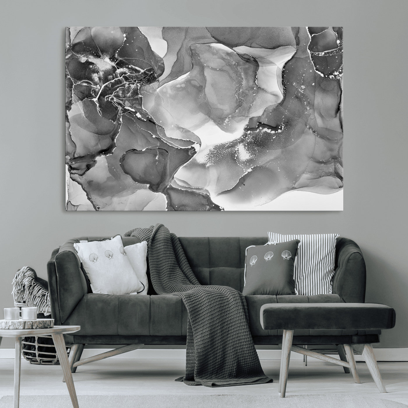 MGV-CV-36X24 - Black White Abstract Canvas Wall Art - Fluid Ink Artwork - Modern Luxury Wall Decor for Contemporary