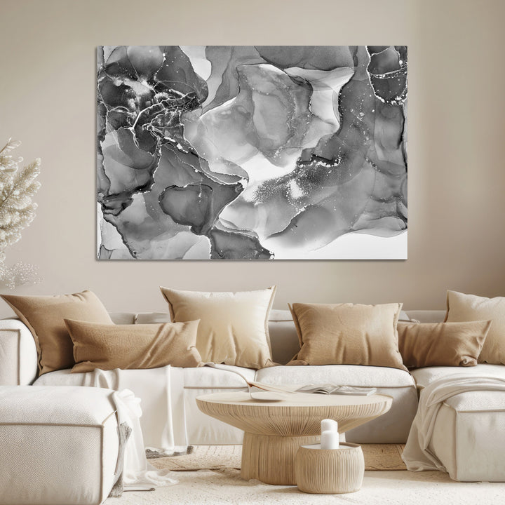 Black White Abstract Canvas Wall Art - Fluid Ink Artwork - Modern Luxury Wall Decor for Contemporary Interiors