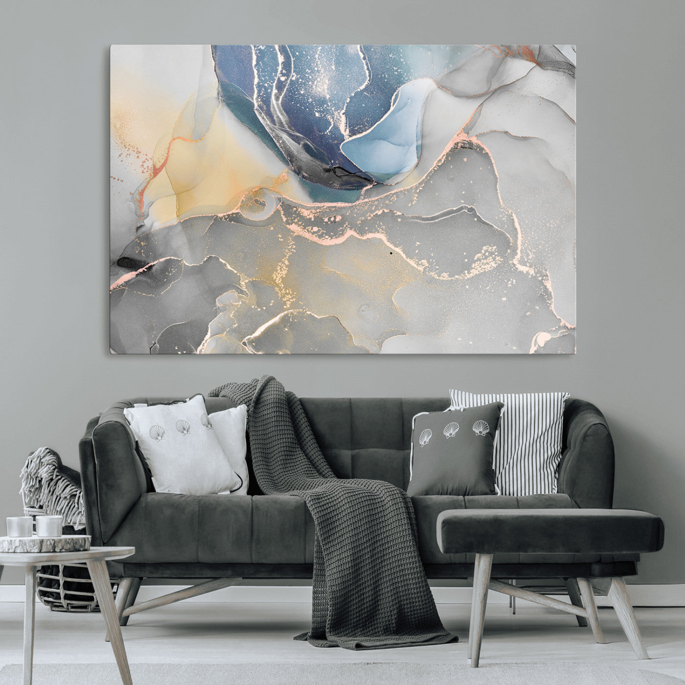 MGV-CV-36X24 - Large Abstract Blue and Gold Canvas Wall Art | Fluid Ink Artwork Print | Luxury Wall Decor for