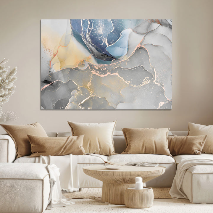 Large Abstract Blue and Gold Canvas Wall Art | Fluid Ink Artwork Print | Luxury Wall Decor for Contemporary Interiors | Framed Blue and Gold