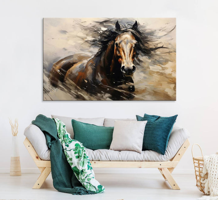 The Abstract Wall Art Horse Print adds rustic charm.