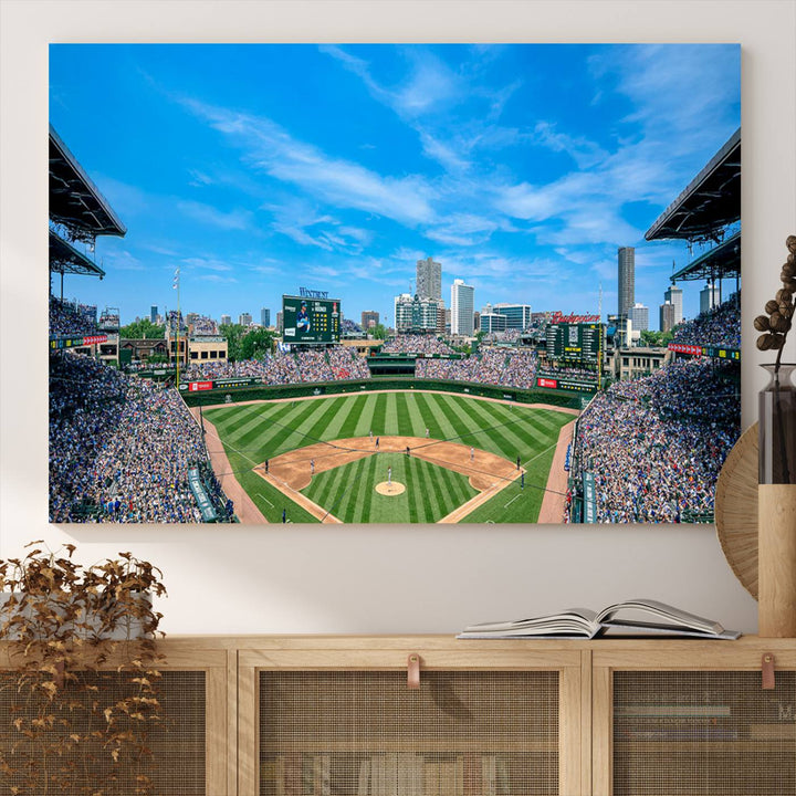 The Wrigley Field Chicago Cubs canvas art, depicting the iconic stadium, is perfect for sports lovers.