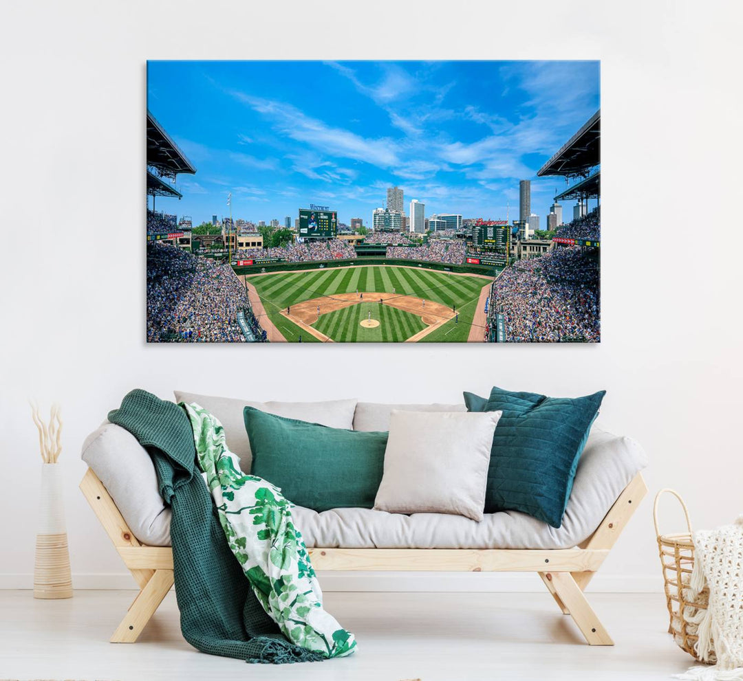 Panoramic view of Wrigley Field, ideal for the Wrigley Field Chicago Cubs Panoramic Canvas Wall Art - Ready to Hang.