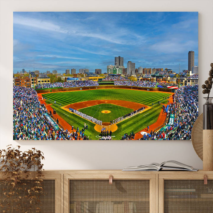 The Wrigley Field Cubs Panoramic Canvas Art hangs prominently in the modern living room.