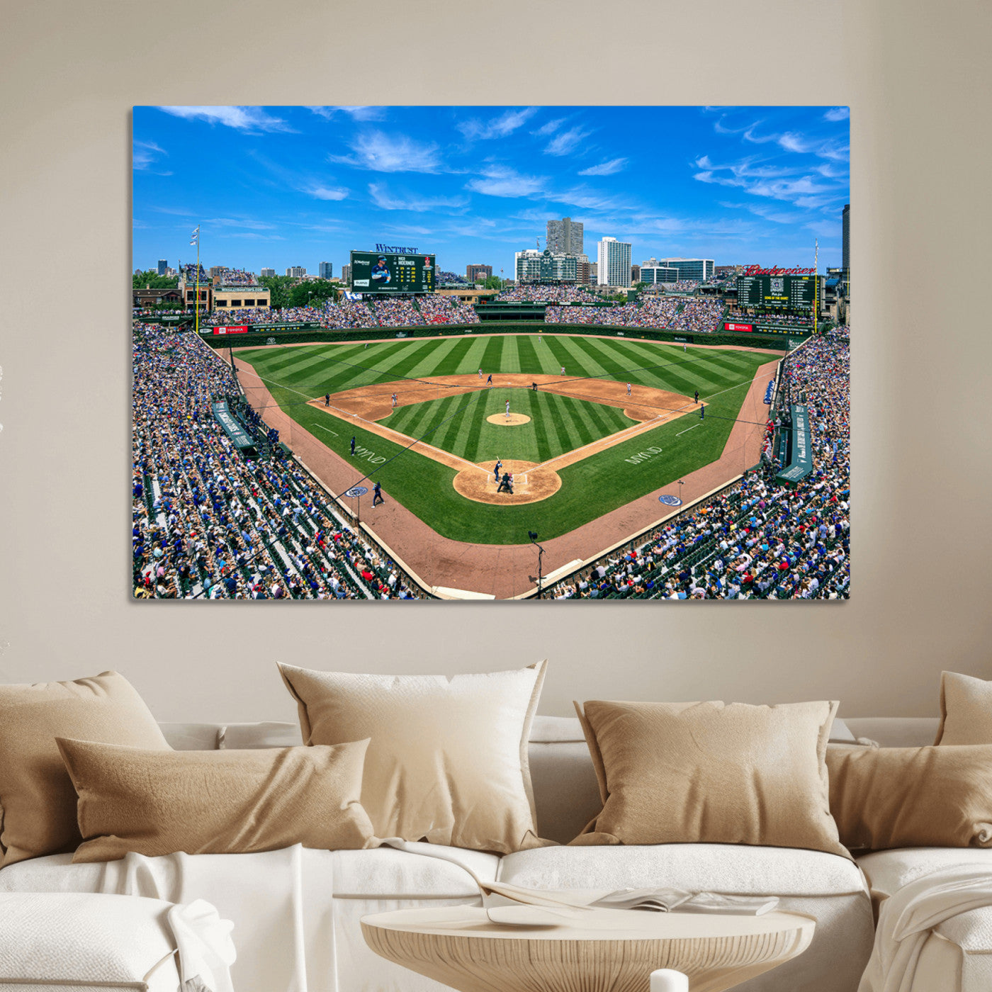 26064-MGV-CV-30X20-Framed Wrigley Field Chicago Cubs Print, Panoramic Multi Piece Canvas Wall Art - Iconic Baseball Stadium Print for Sports Lovers - Ready to