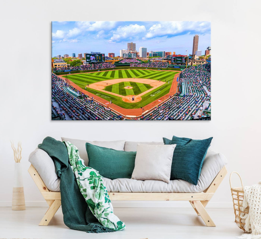 A 3-piece panoramic canvas wall art showcases an aerial view of a packed Chicago Cubs game at Wrigley Field, perfect for sports lovers.