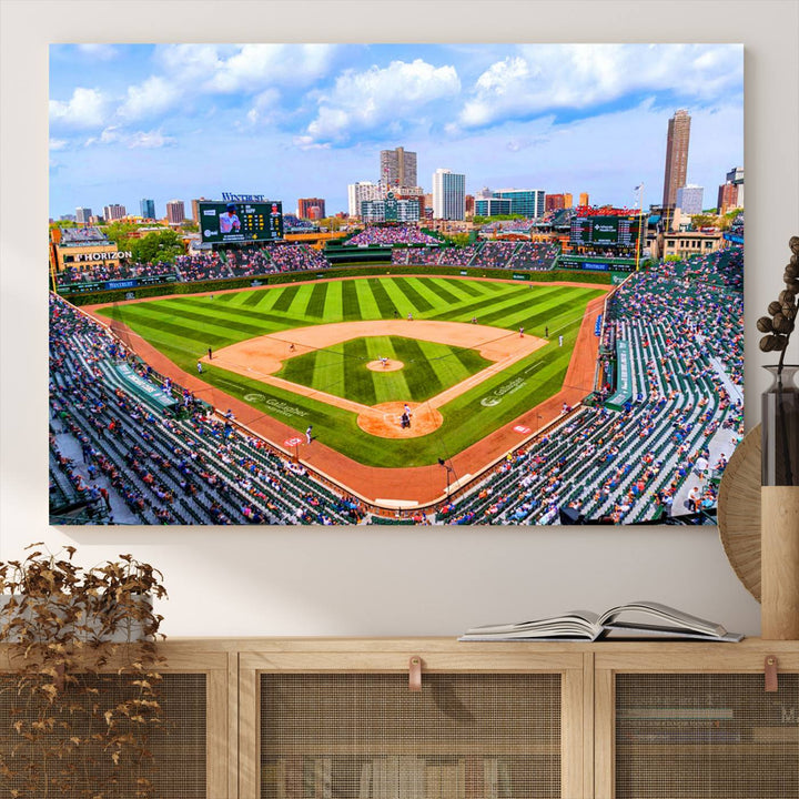 A 3-piece panoramic canvas wall art showcases an aerial view of a packed Chicago Cubs game at Wrigley Field, perfect for sports lovers.