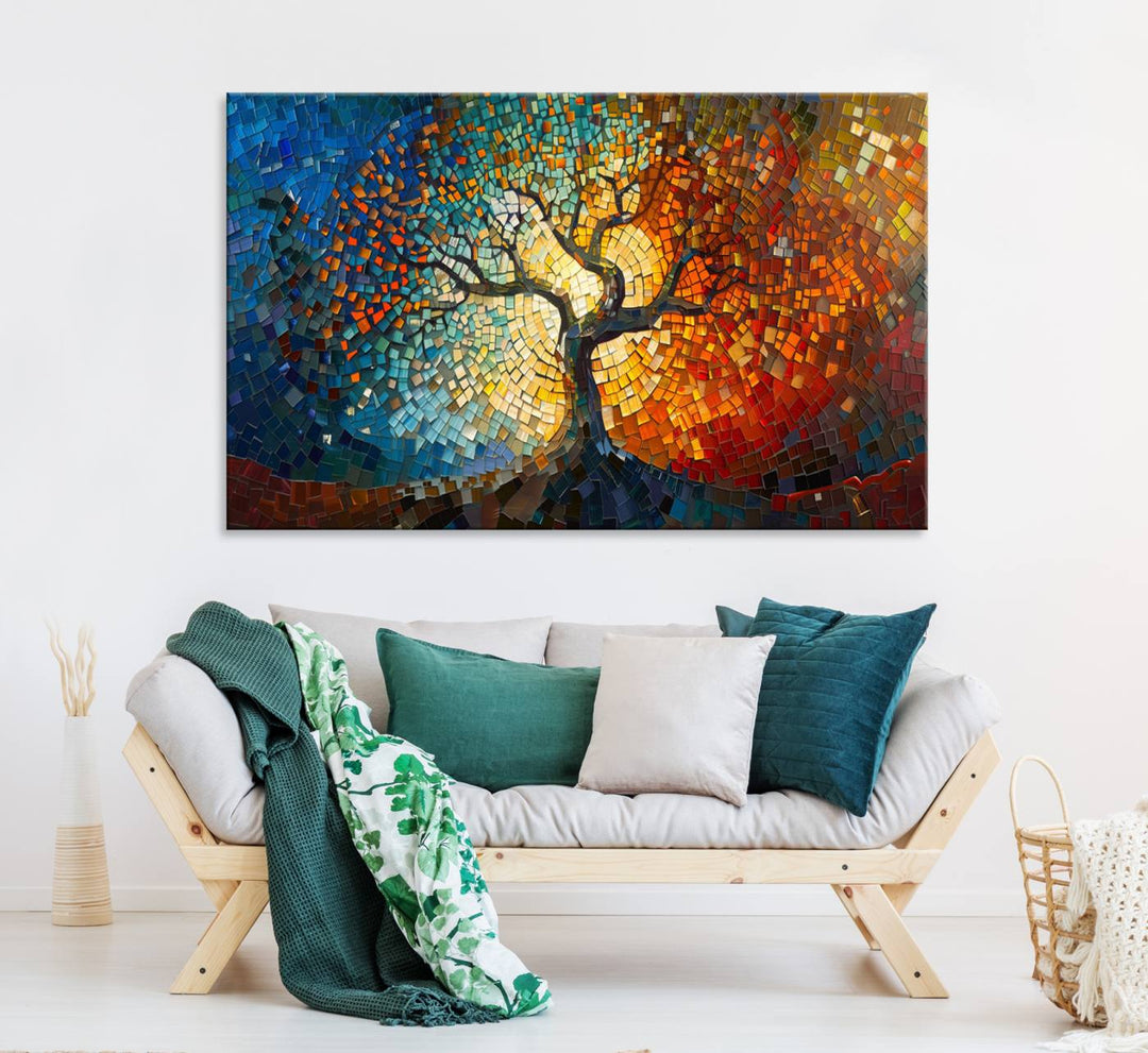 Mosaic Tree Canvas Wall Art: A stunning stained glass-inspired Tree of Life featuring blue and orange swirling patterns reminiscent of a sunburst.