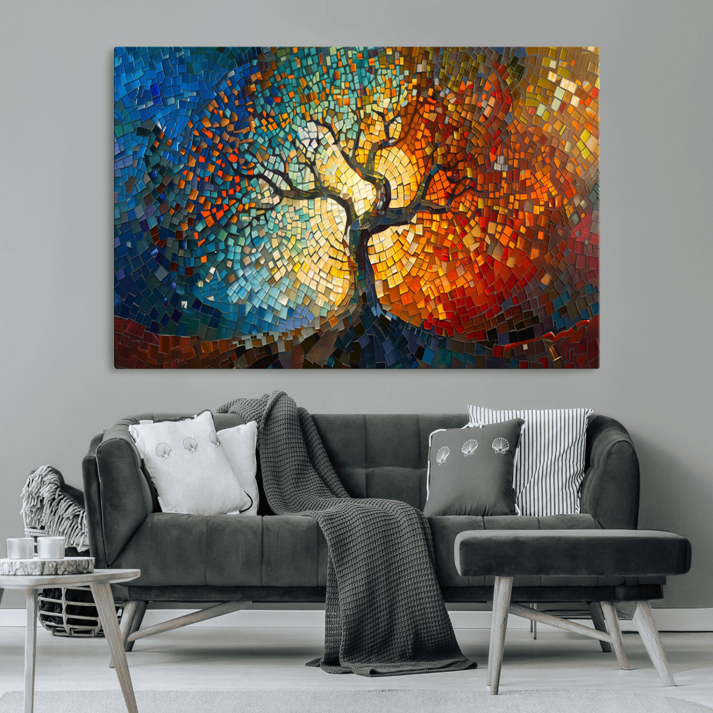 MGV-CV-36X24 - Mosaic Tree Canvas Wall Art Canvas Print – Vibrant Stained Glass-Inspired Tree of Life - Ready to