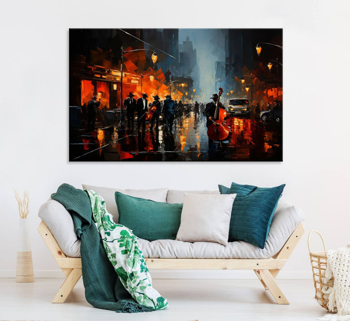 Framed Abstract Music Canvas: Jazz musicians on a rainy city street at night, with warm lights reflecting on wet pavement.