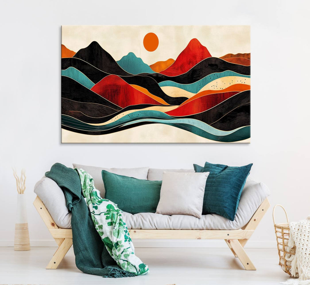 The Colorful Western Triptych Canvas features a vibrant mountain and sun design, making it perfect for modern kitchens or log cabin walls.