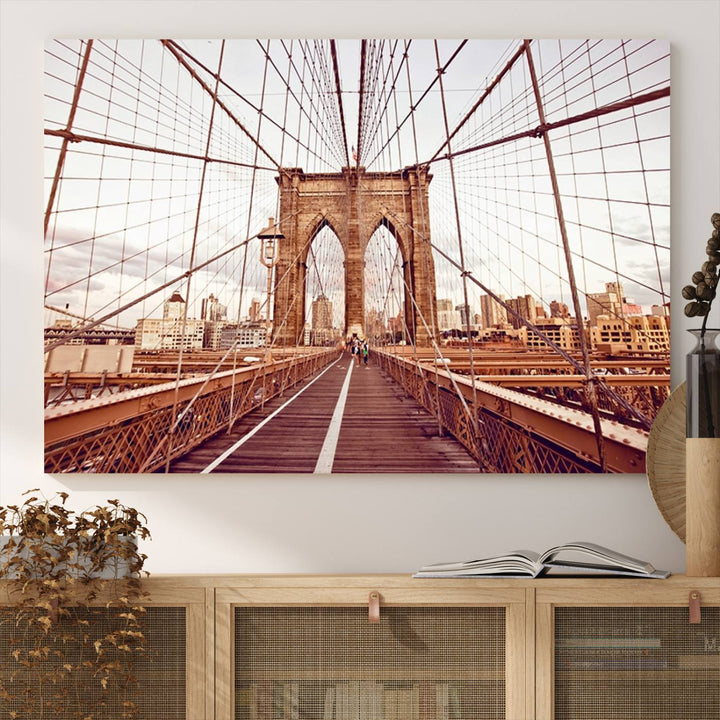 The three-panel "Wall Art New York Manhattan Cityscape Canvas Print" of the Brooklyn Bridge makes an ideal addition to minimalist interiors, capturing the essence of abstract expressionism.