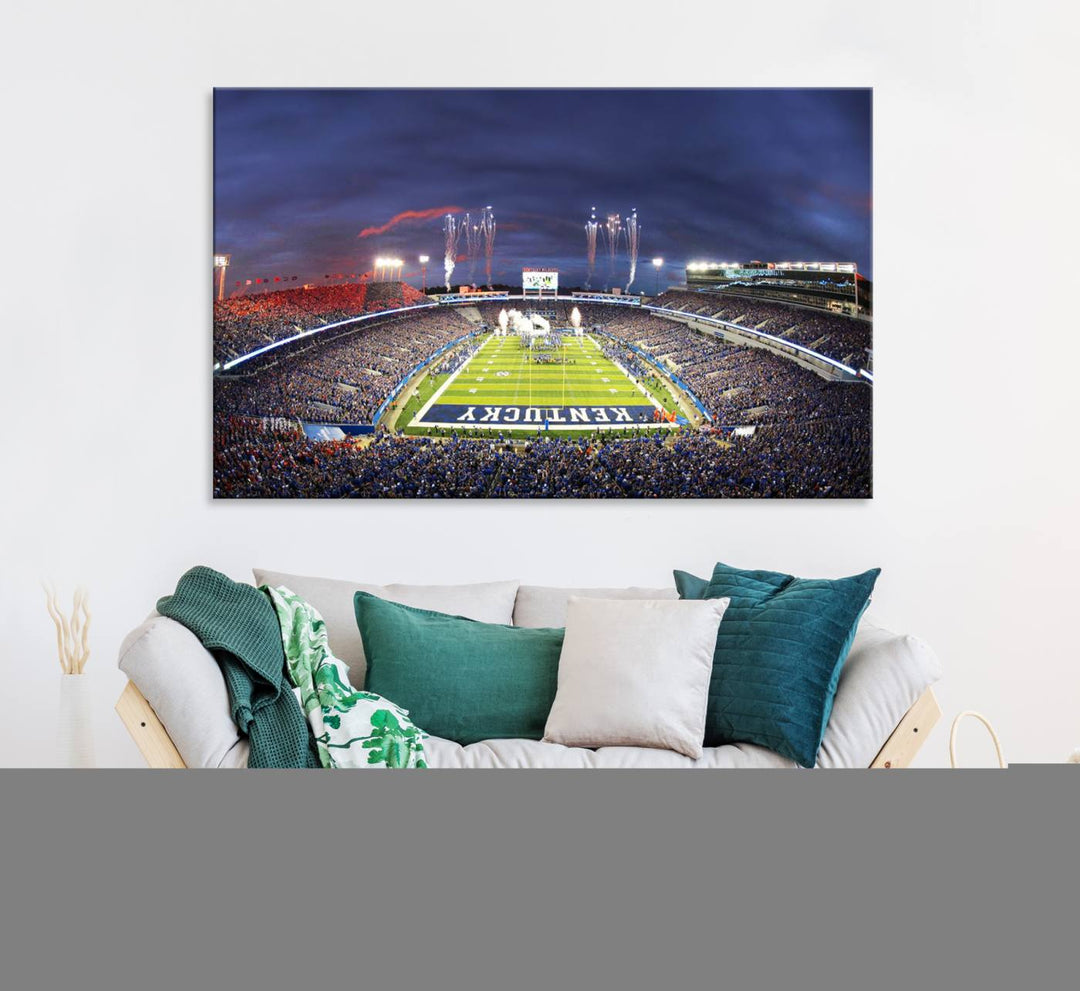 A filled stadium at dusk and fireworks overhead are beautifully captured in the Kroger Field Canvas Wall Art - Sunset Football Stadium Decor.