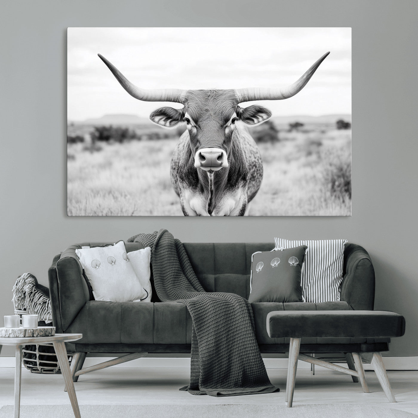 MGV-CV-36X24 - Highland Cow Wall Art Print - Black and White Texas Western Longhorn Canvas - Farmhouse Decor Print