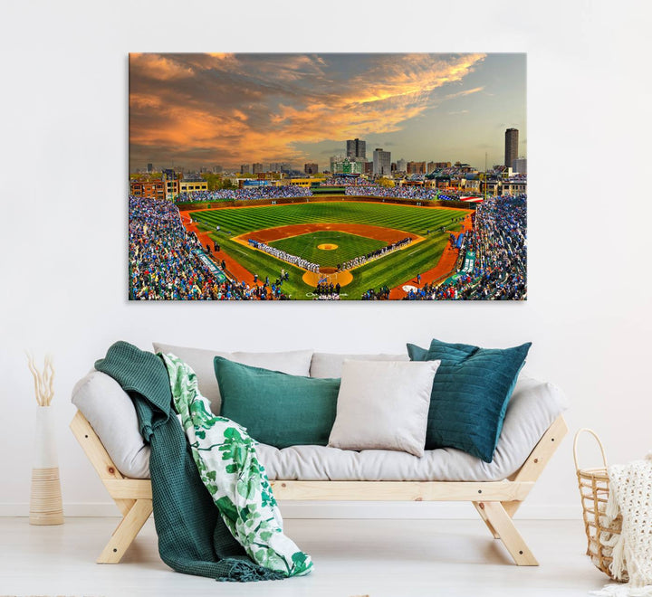 Aerial view of Wrigley Field at sunset against a vibrant sky, creating the perfect Chicago Wrigley Field Canvas Wall Art.