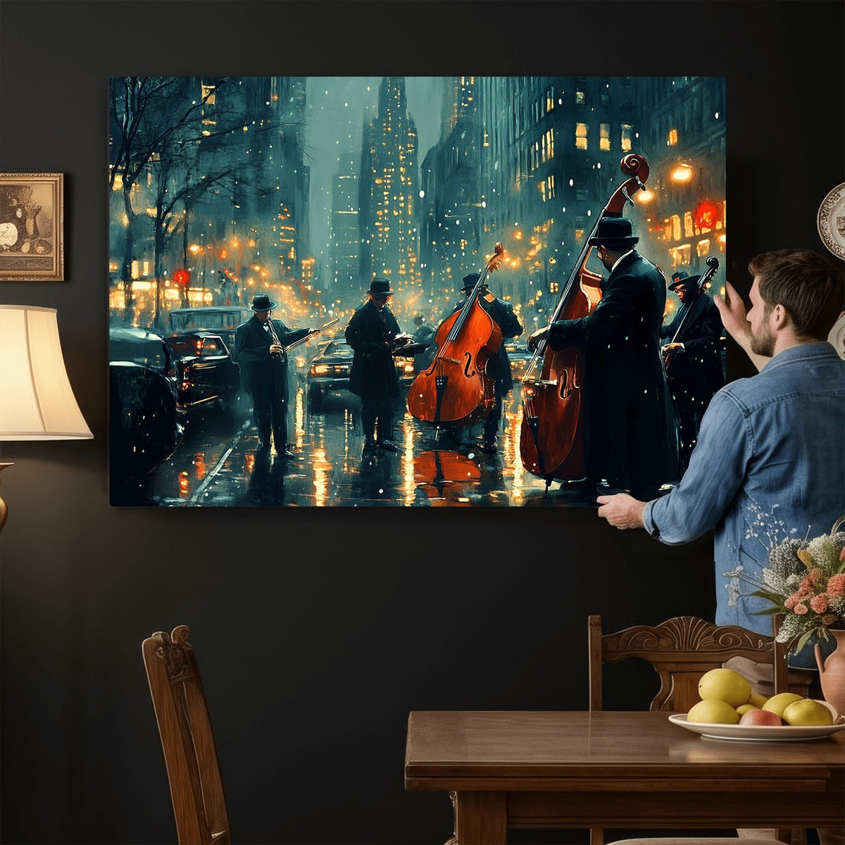 53391-MGV-CV-24X16 - Urban Night Jazz Wall Art Canvas Print | Moody Rain Soaked City Street Band Scene
