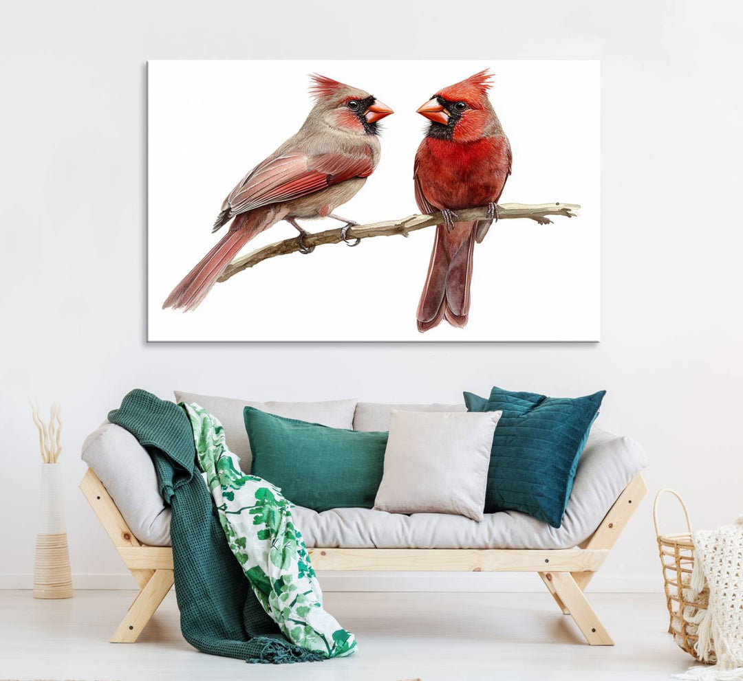 The Cardinal Bird Canvas Wall Art showcases two cardinals on a branch.