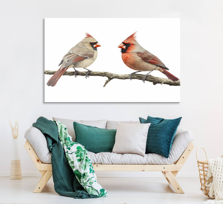 A Cardinal Canvas Wall Art print of cardinals on a branch hangs prominently.