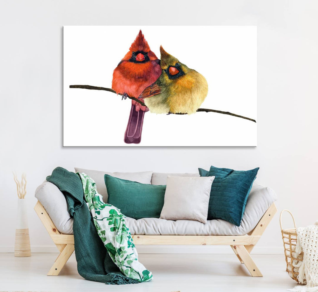 The Cardinal Bird Canvas Wall Art showcases vibrant male and female cardinals, capturing the beauty of nature in vivid detail.