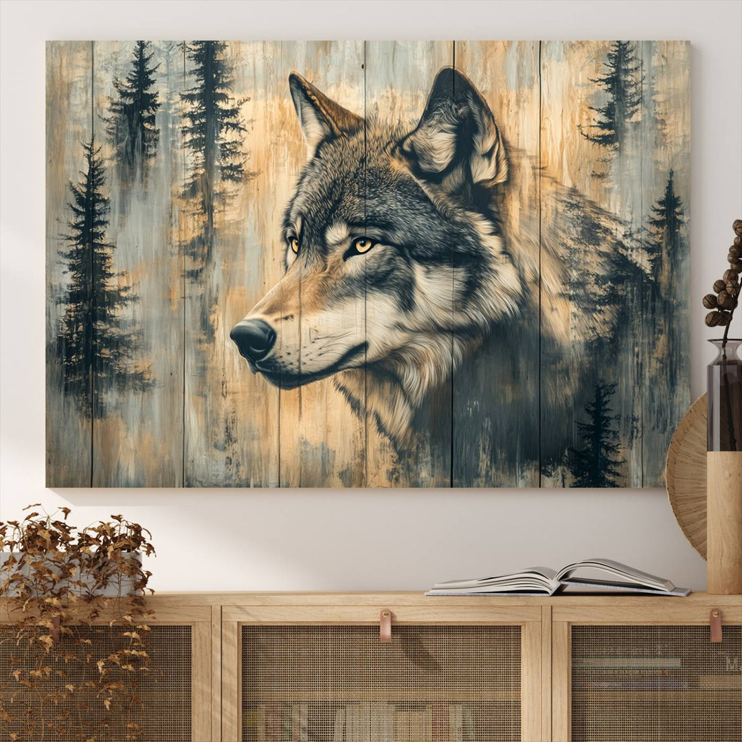 A Wood Style Rustic Wolf Wall Art Canvas Print adorns the kitchen.