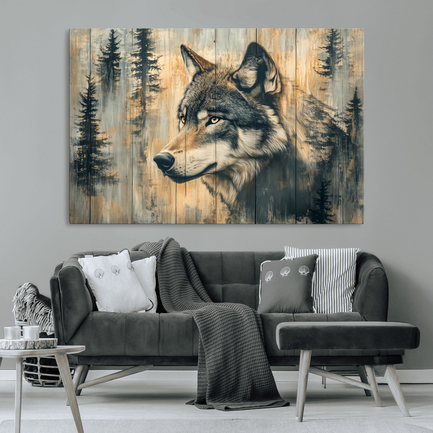 MGV-CV-36X24 - Wood Style Rustic Wolf Wall Art Canvas Print, Vintage Woodland Wolf Wall Art, Framed Wood Style Wolf